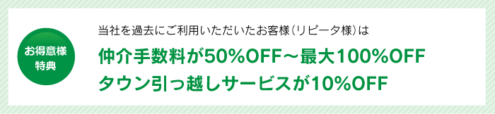お得意様特典 当社を過去にご利用いただいたお客様(リピータ様)は当店でのご成約時、仲介手数料が50%OFFに!